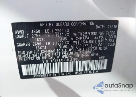 2020 Subaru Outback Touring z USA, uszkodzony, nr VIN 4S4BTAPC0L3100362